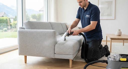 Reinigungsfachmann bei der Tiefenreinigung eines hellgrauen Sofas