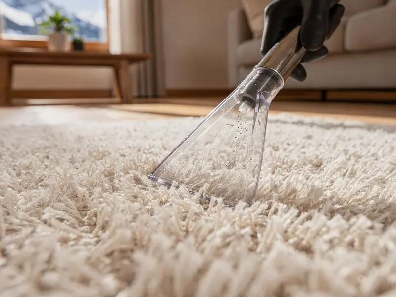 Symbolbild: Reinigungsdüse auf einem hellen Wollteppich in einem Wohnzimmer