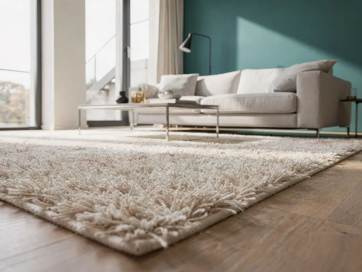 Symbolbild: helles Wohnzimmer mit Wollteppich und Polstersofa
