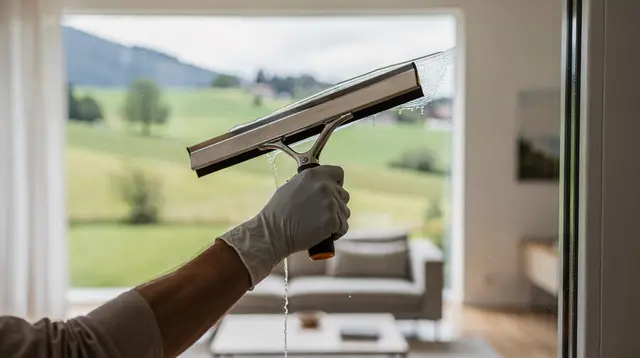 Symbolbild: Fensterreinigung mit Abzieher