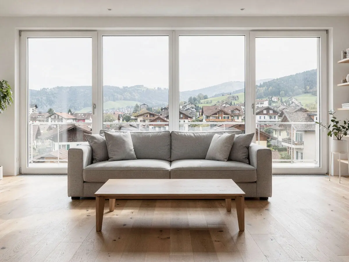 Symbolbild: helles, sauberes Wohnzimmer mit Blick über eine Ortschaft